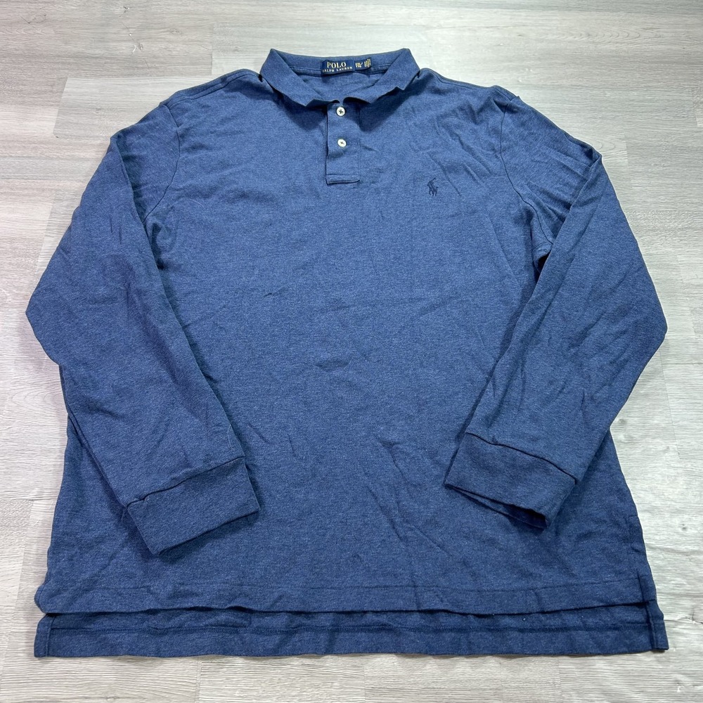 Polo Ralph Lauren Polo Shirt Mens 2XL Blue Solid Long Sleeve Cotton Jersey